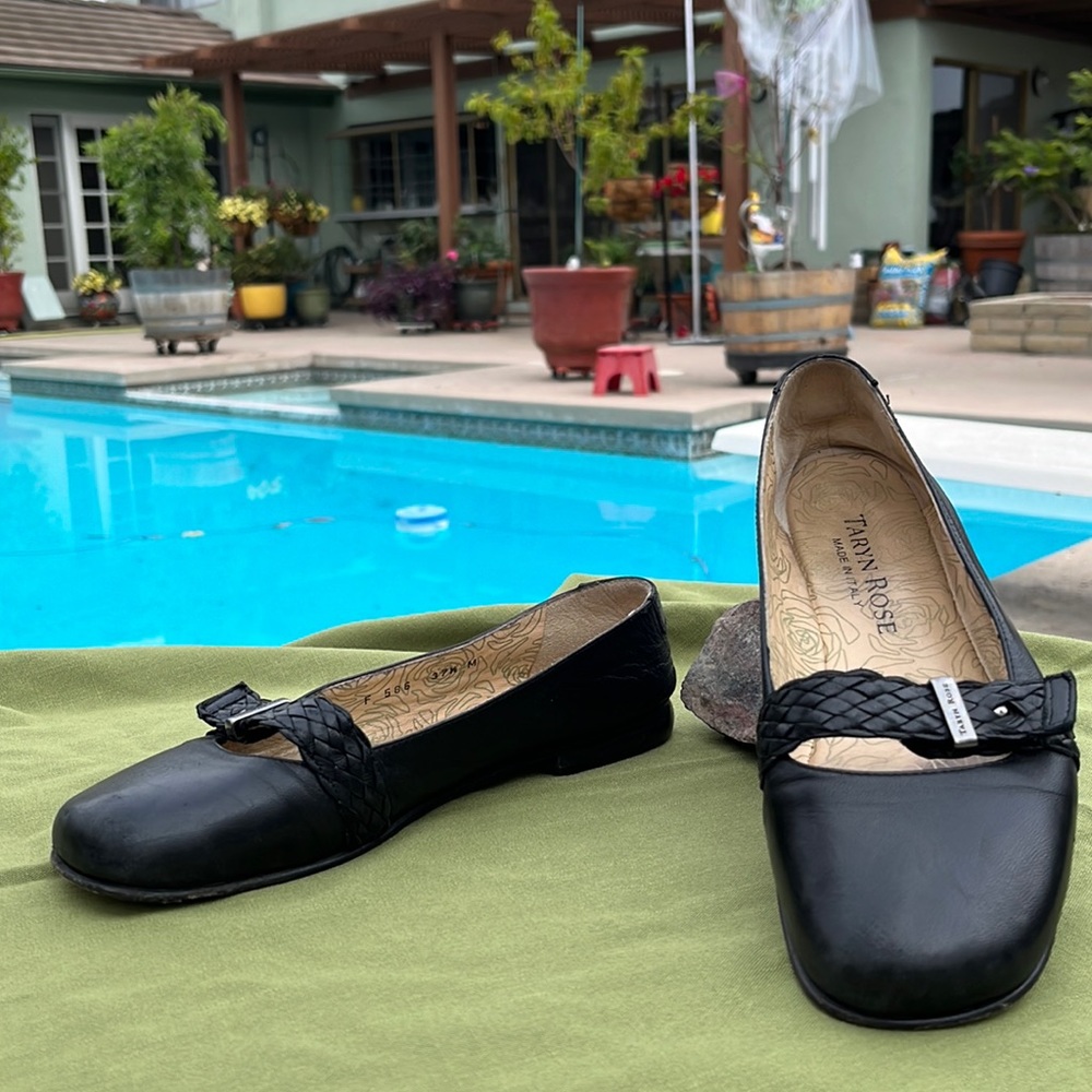 Taryn Rose Black Braid Buckle Flats